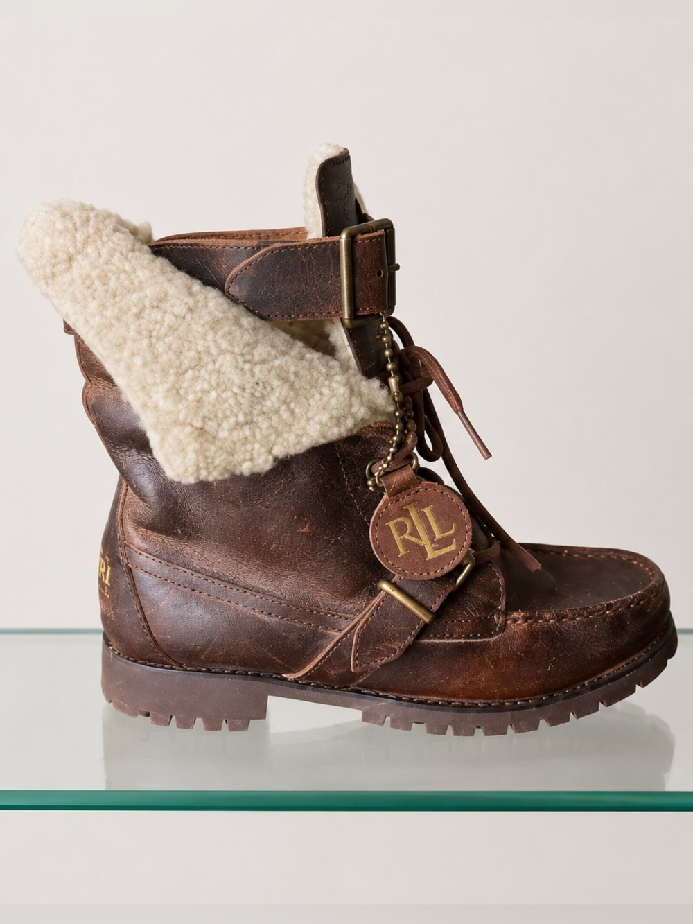 Ralph Lauren Brown Shearling-Lined Distressed Ankle Tie Boots 8